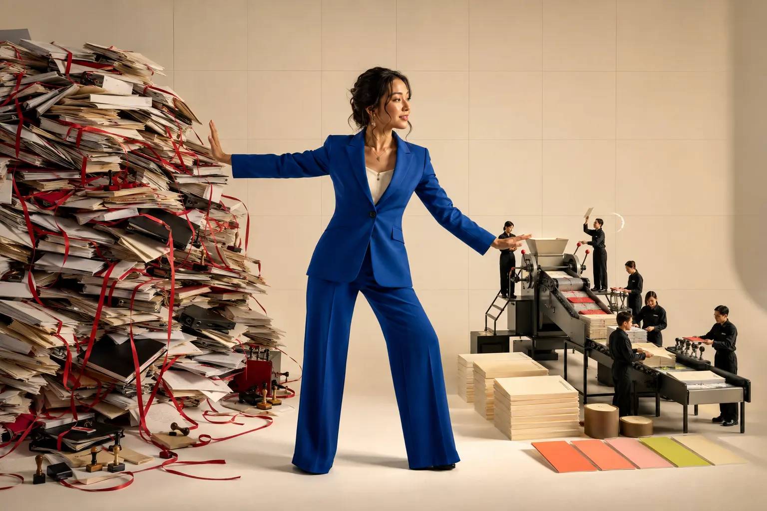A leader pushes aside a chaos of paperwork while a miniature team turns it into an orderly process